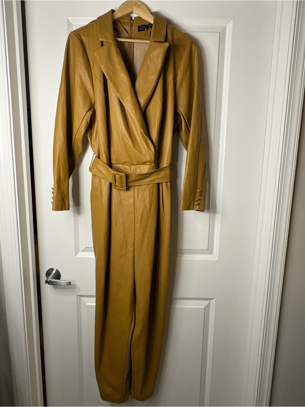 Stylish Mustard Faux Leather Trench Jumpsuit with Belt